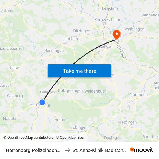 Herrenberg Polizeihochschule to St. Anna-Klinik Bad Cannstatt map