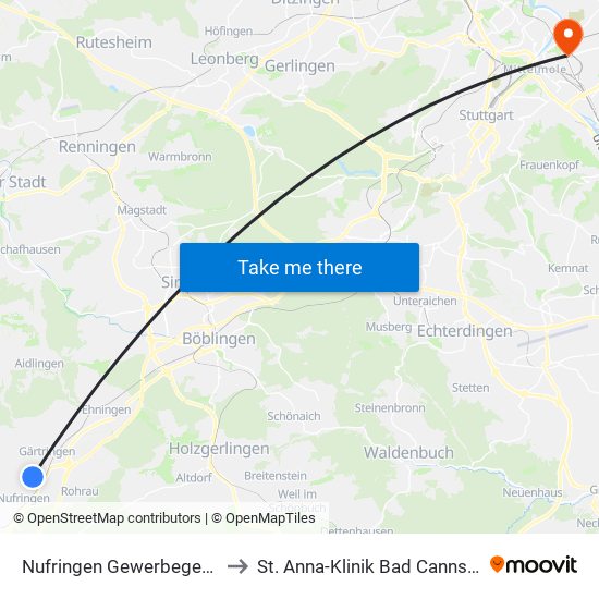 Nufringen Gewerbegebiet to St. Anna-Klinik Bad Cannstatt map