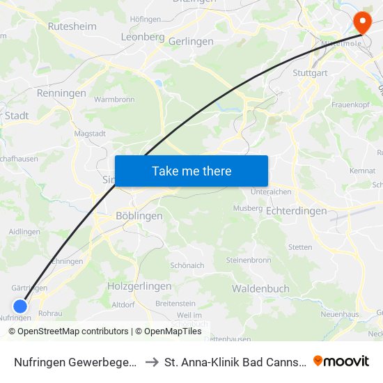 Nufringen Gewerbegebiet to St. Anna-Klinik Bad Cannstatt map