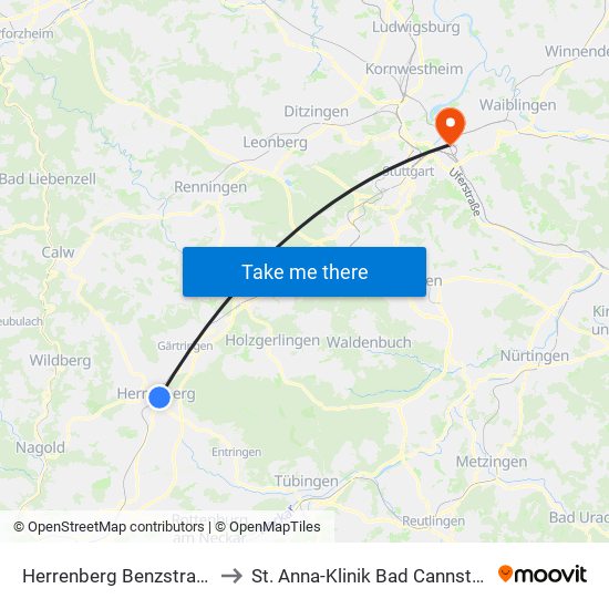 Herrenberg Benzstraße to St. Anna-Klinik Bad Cannstatt map