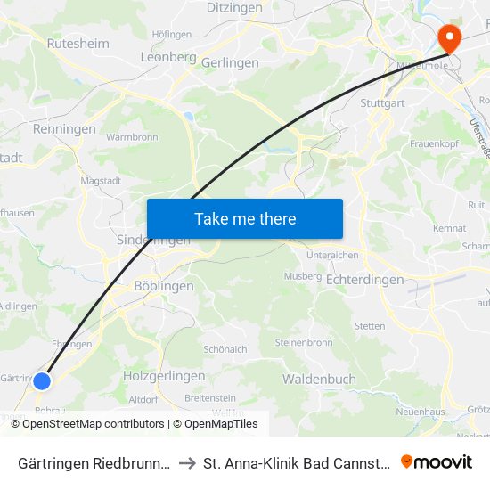 Gärtringen Riedbrunnen to St. Anna-Klinik Bad Cannstatt map