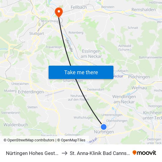 Nürtingen Hohes Gestade to St. Anna-Klinik Bad Cannstatt map