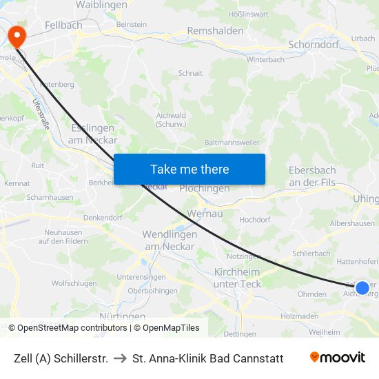 Zell (A) Schillerstr. to St. Anna-Klinik Bad Cannstatt map