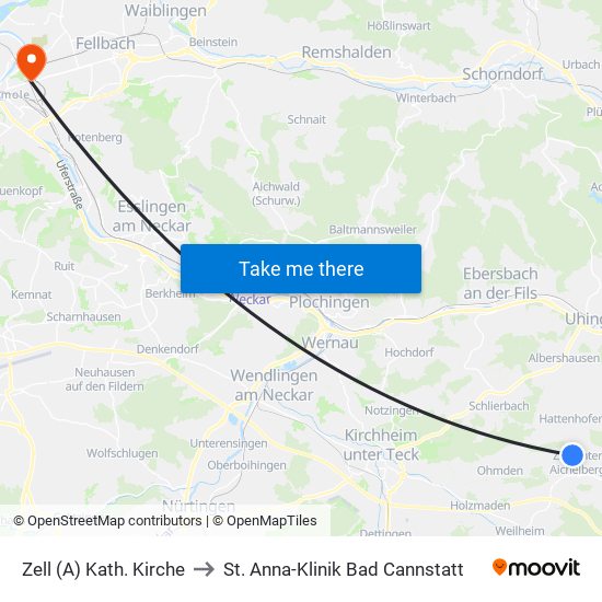 Zell (A) Kath. Kirche to St. Anna-Klinik Bad Cannstatt map