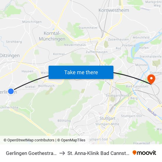 Gerlingen Goethestraße to St. Anna-Klinik Bad Cannstatt map