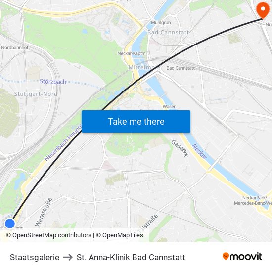 Staatsgalerie to St. Anna-Klinik Bad Cannstatt map