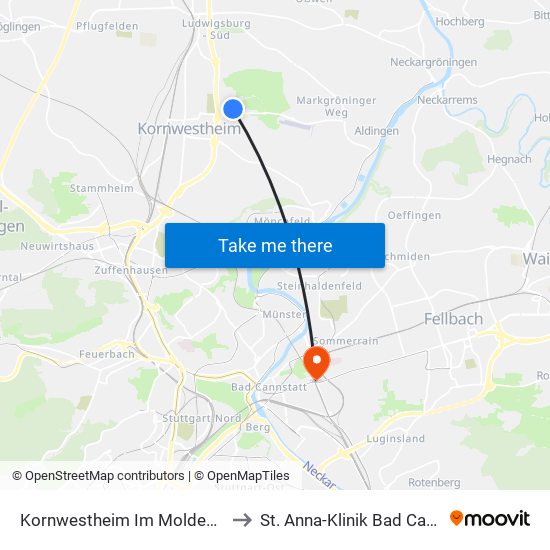 Kornwestheim Im Moldengraben to St. Anna-Klinik Bad Cannstatt map