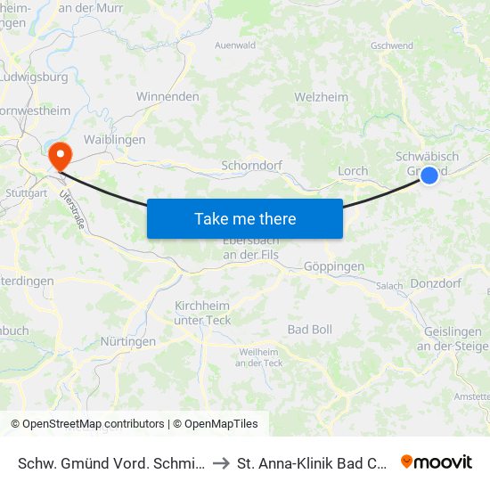 Schw. Gmünd Vord. Schmiedgasse to St. Anna-Klinik Bad Cannstatt map