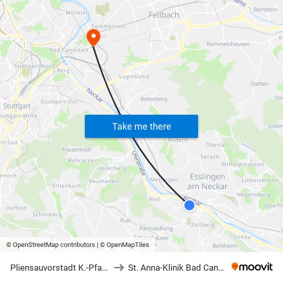 Pliensauvorstadt K.-Pfaff-Str. to St. Anna-Klinik Bad Cannstatt map