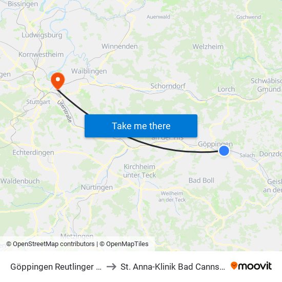 Göppingen Reutlinger Str. to St. Anna-Klinik Bad Cannstatt map