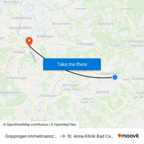 Göppingen Immelmannzentrum to St. Anna-Klinik Bad Cannstatt map
