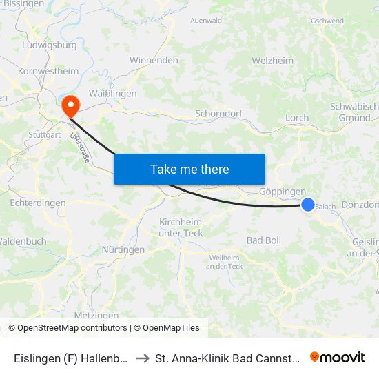 Eislingen (F) Hallenbad to St. Anna-Klinik Bad Cannstatt map