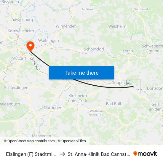 Eislingen (F) Stadtmitte to St. Anna-Klinik Bad Cannstatt map