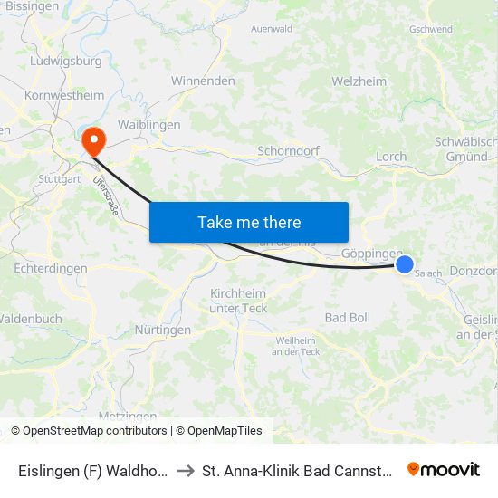 Eislingen (F) Waldhorn to St. Anna-Klinik Bad Cannstatt map