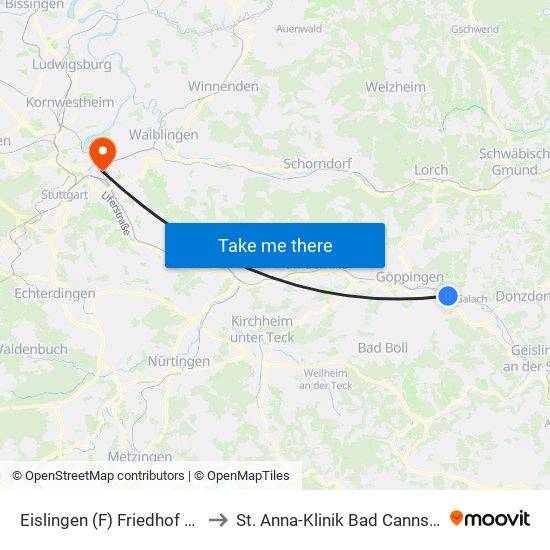 Eislingen (F) Friedhof Süd to St. Anna-Klinik Bad Cannstatt map