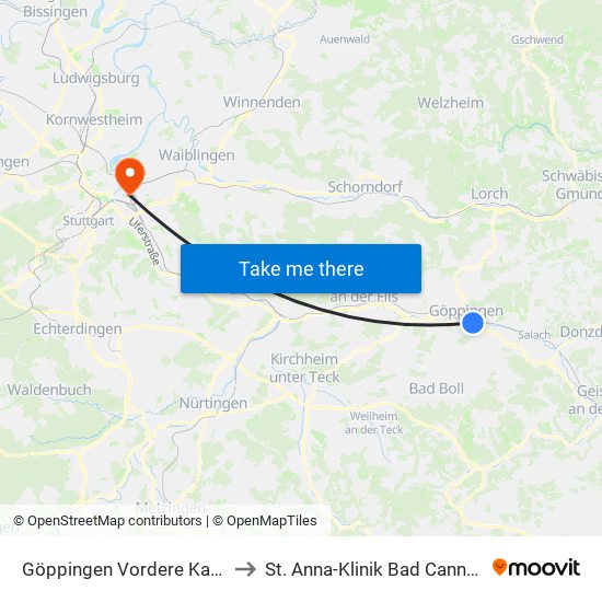 Göppingen Vordere Karlstr. to St. Anna-Klinik Bad Cannstatt map