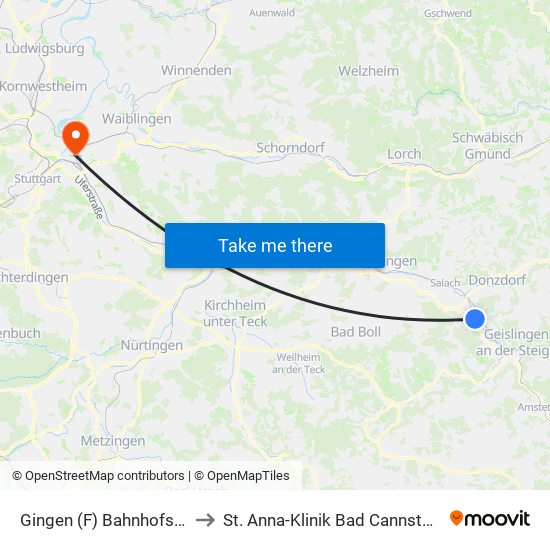 Gingen (F) Bahnhofstr. to St. Anna-Klinik Bad Cannstatt map