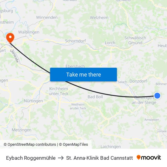 Eybach Roggenmühle to St. Anna-Klinik Bad Cannstatt map
