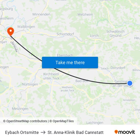 Eybach Ortsmitte to St. Anna-Klinik Bad Cannstatt map