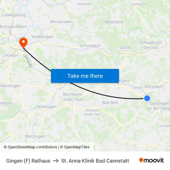 Gingen (F) Rathaus to St. Anna-Klinik Bad Cannstatt map