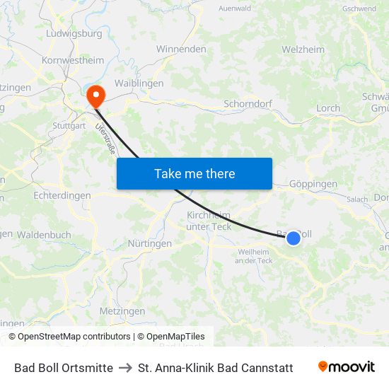 Bad Boll Ortsmitte to St. Anna-Klinik Bad Cannstatt map