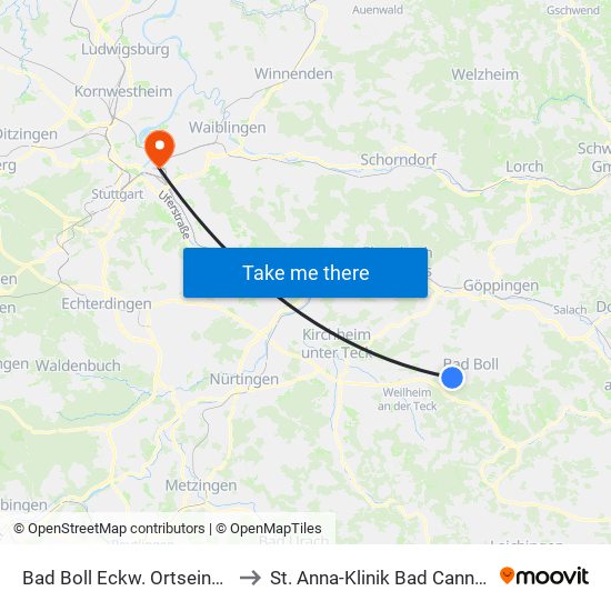 Bad Boll Eckw. Ortseingang to St. Anna-Klinik Bad Cannstatt map