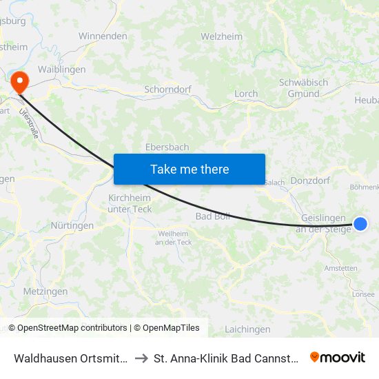 Waldhausen Ortsmitte to St. Anna-Klinik Bad Cannstatt map