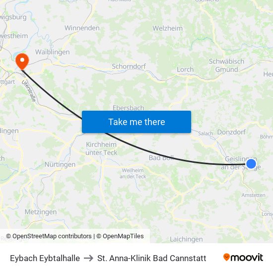 Eybach Eybtalhalle to St. Anna-Klinik Bad Cannstatt map