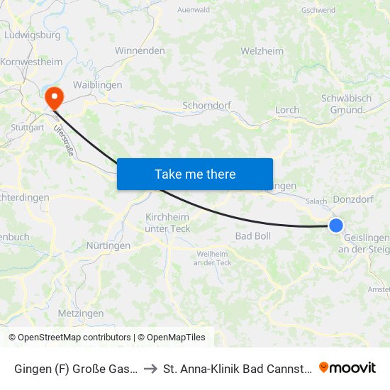 Gingen (F) Große Gasse to St. Anna-Klinik Bad Cannstatt map