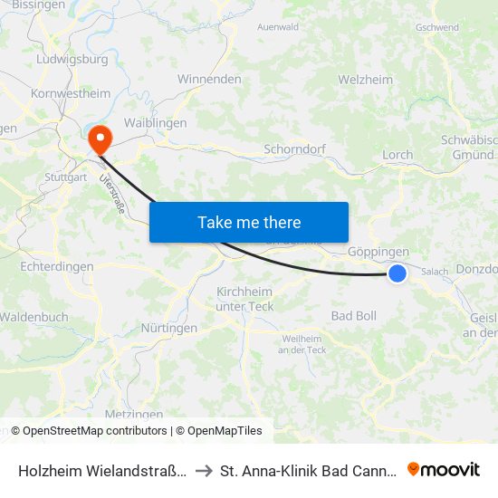 Holzheim Wielandstraße/Bf to St. Anna-Klinik Bad Cannstatt map
