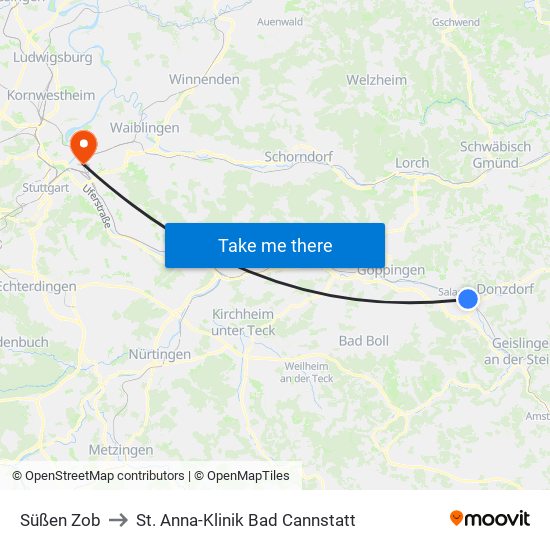 Süßen Zob to St. Anna-Klinik Bad Cannstatt map