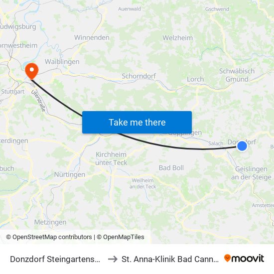 Donzdorf Steingartenschule to St. Anna-Klinik Bad Cannstatt map