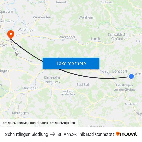 Schnittlingen Siedlung to St. Anna-Klinik Bad Cannstatt map