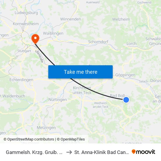 Gammelsh. Krzg. Gruib. Auend. to St. Anna-Klinik Bad Cannstatt map