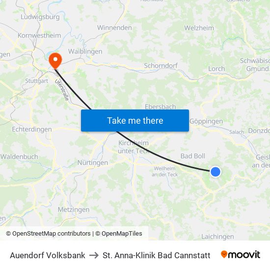 Auendorf Volksbank to St. Anna-Klinik Bad Cannstatt map