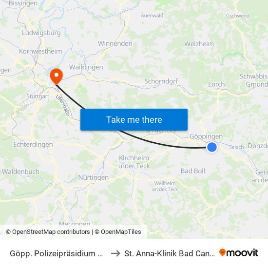 Göpp. Polizeipräsidium Einsatz to St. Anna-Klinik Bad Cannstatt map
