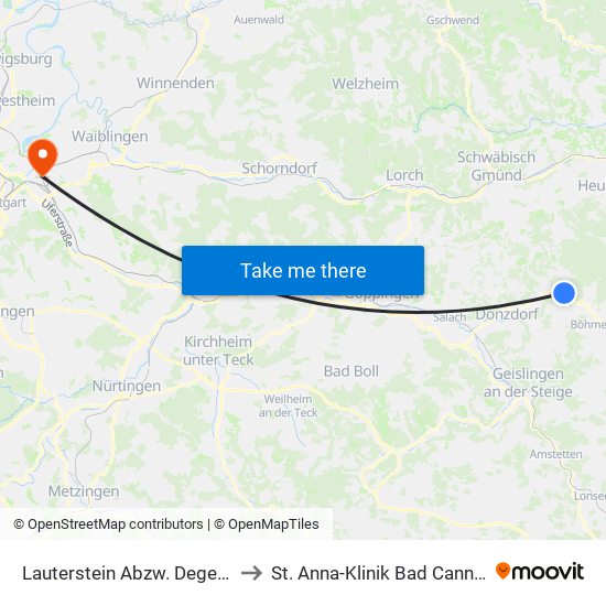 Lauterstein Abzw. Degenfeld to St. Anna-Klinik Bad Cannstatt map