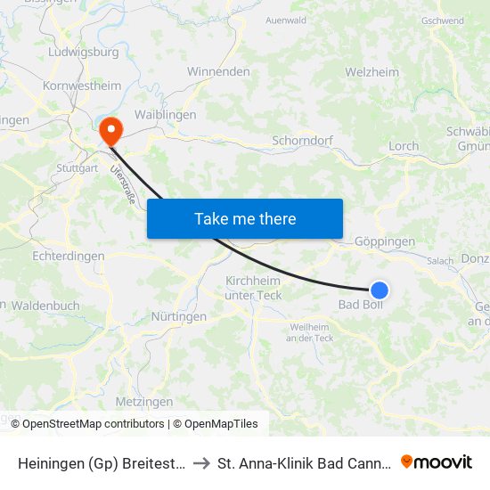 Heiningen (Gp) Breitestraße to St. Anna-Klinik Bad Cannstatt map