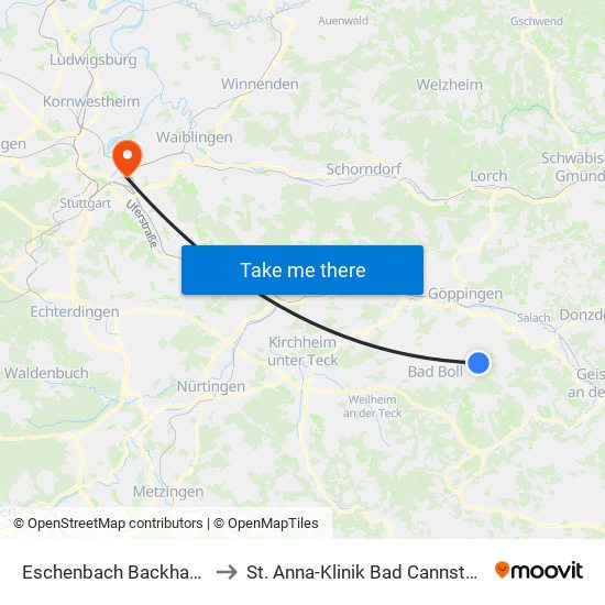 Eschenbach Backhaus to St. Anna-Klinik Bad Cannstatt map