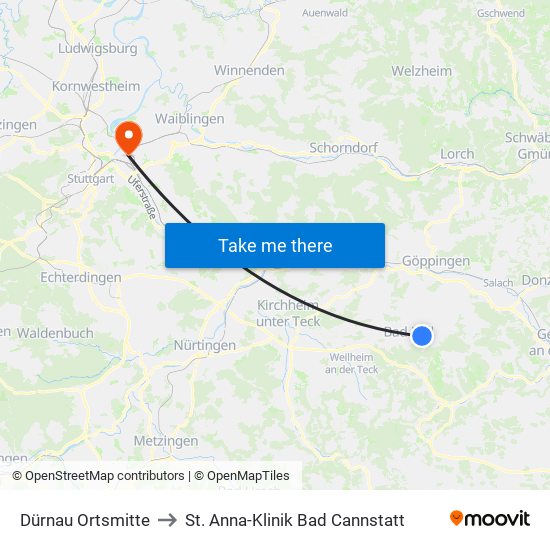 Dürnau Ortsmitte to St. Anna-Klinik Bad Cannstatt map