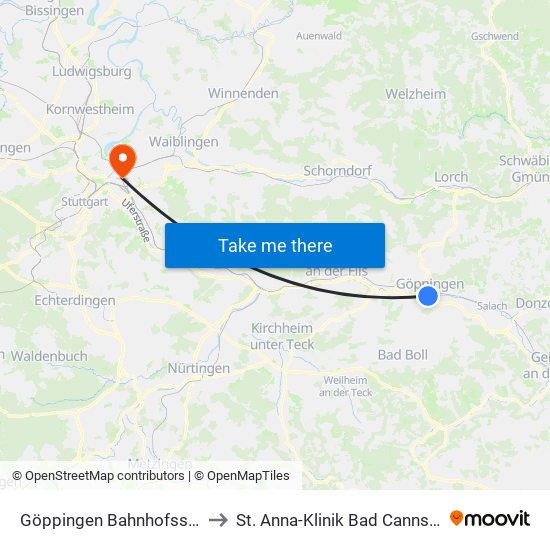 Göppingen Bahnhofssteg to St. Anna-Klinik Bad Cannstatt map