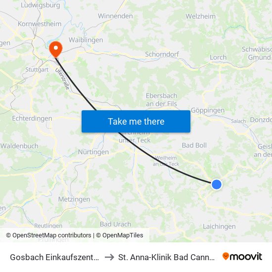 Gosbach Einkaufszentrum to St. Anna-Klinik Bad Cannstatt map