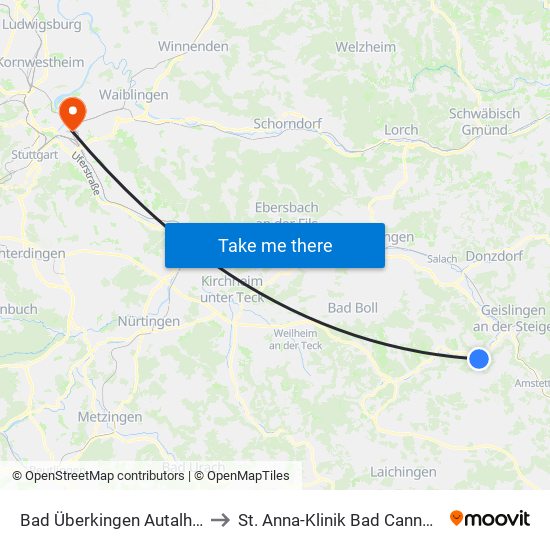 Bad Überkingen Autalhalle to St. Anna-Klinik Bad Cannstatt map