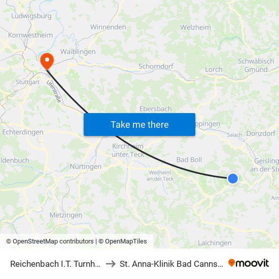 Reichenbach I.T. Turnhalle to St. Anna-Klinik Bad Cannstatt map