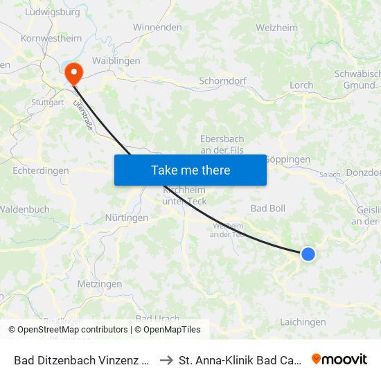 Bad Ditzenbach Vinzenz Therme to St. Anna-Klinik Bad Cannstatt map