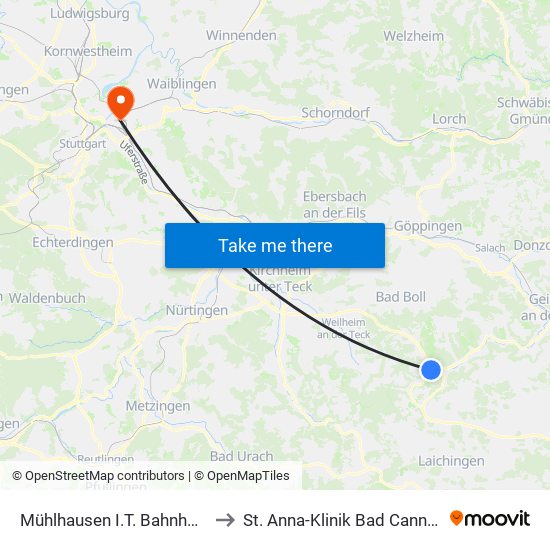 Mühlhausen I.T. Bahnhofstr. to St. Anna-Klinik Bad Cannstatt map