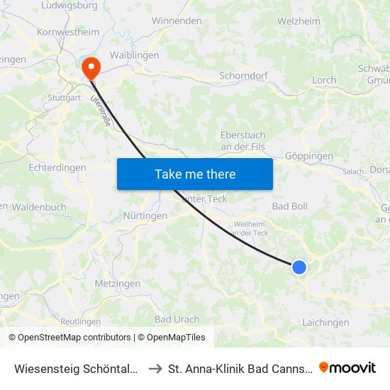 Wiesensteig Schöntalweg to St. Anna-Klinik Bad Cannstatt map