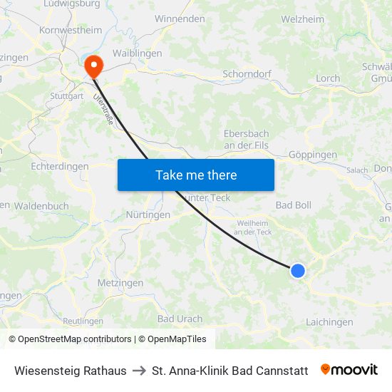 Wiesensteig Rathaus to St. Anna-Klinik Bad Cannstatt map