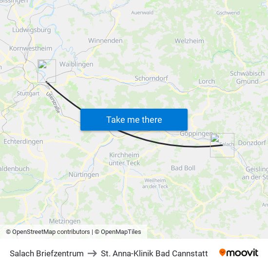 Salach Briefzentrum to St. Anna-Klinik Bad Cannstatt map