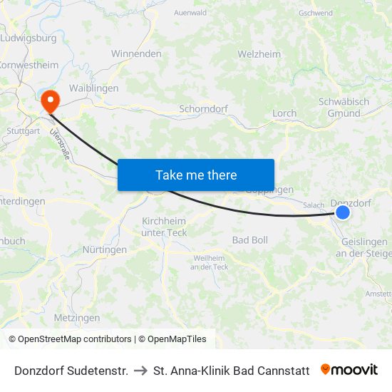 Donzdorf Sudetenstr. to St. Anna-Klinik Bad Cannstatt map